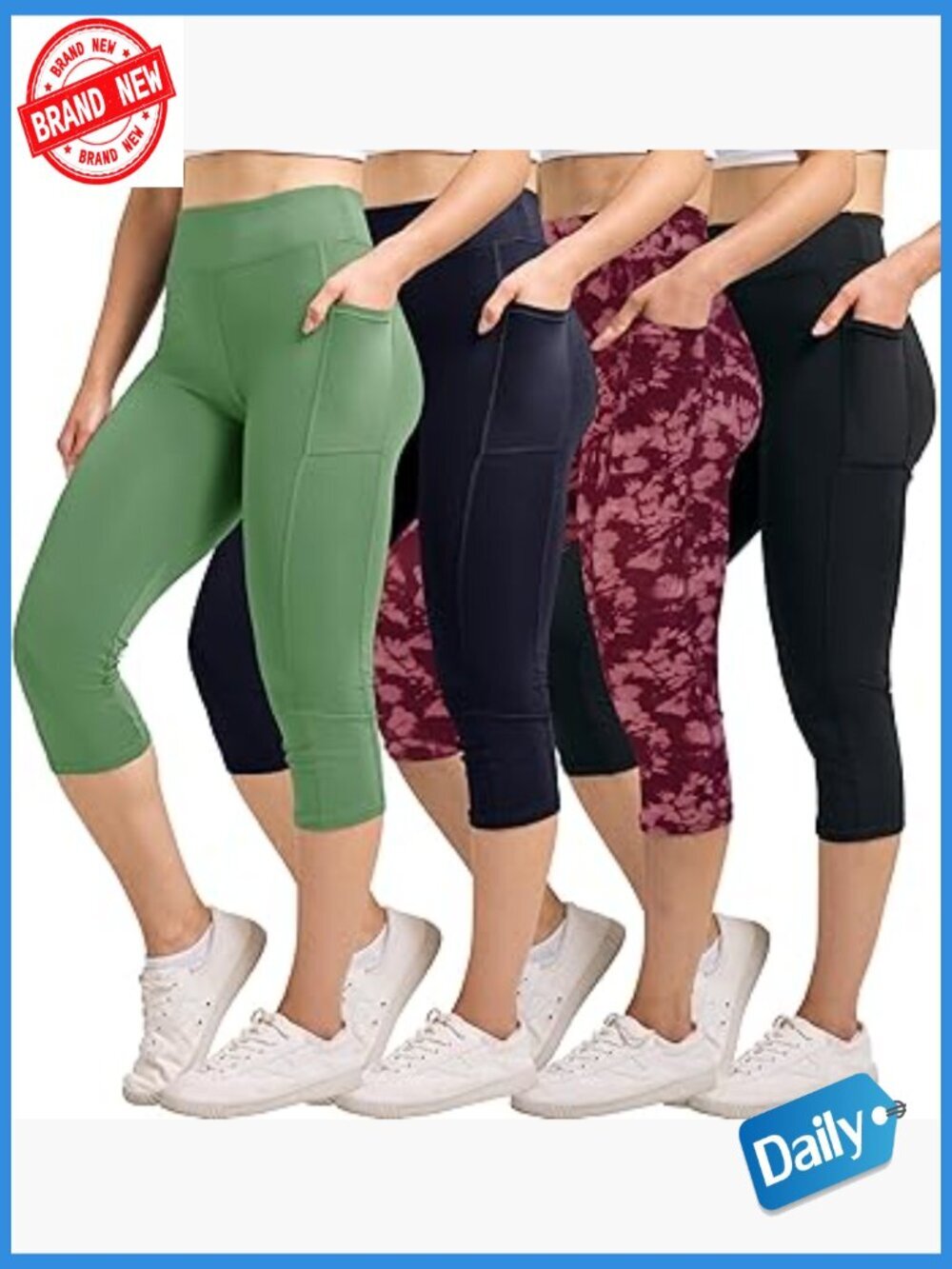 4 Pack Capri Leggings with Pockets High Waisted Tummy Control Yoga Workout